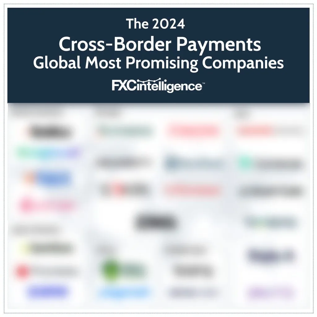 FXC Intelligence's 2024 Cross-Border Payments Global Most Promising Companies market map, featuring the blurred logos of the 24 companies