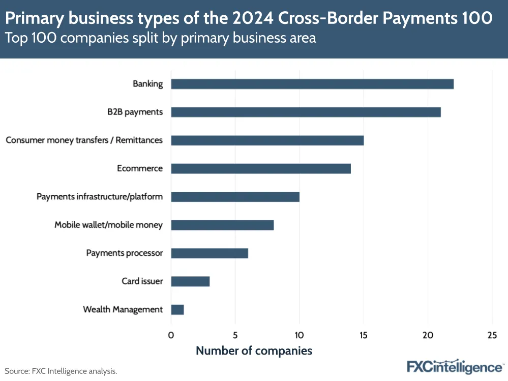 Primary business types of the 2024 Cross-Border Payments 100
Top 100 companies split by primary business area