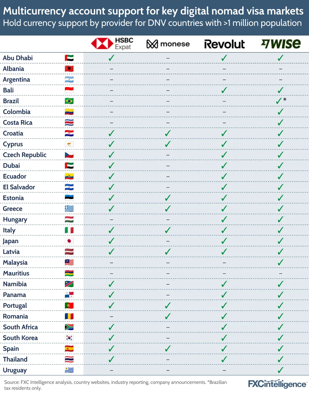 A graphic showing hold currency support by provider for digital nomad visa countries with populations larger than one million