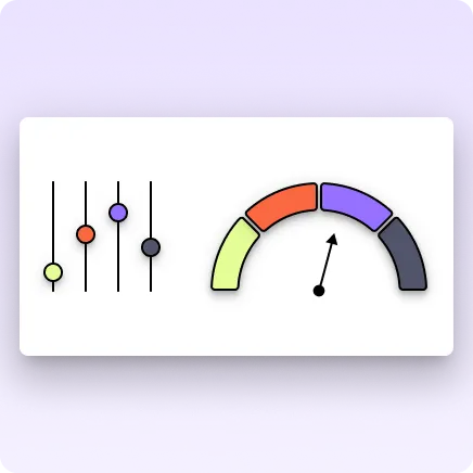 A graphic showing four sliders on the left with different coloured toggles. On the right is a gauge chart with four colour segments corresponding to the toggles and an arrow pointing at the segment second from right
