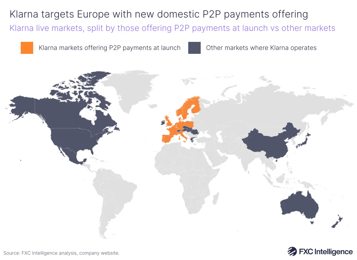 A map graphic showing Klarna's live markets, split by those offering P2P payments at launch vs other markets