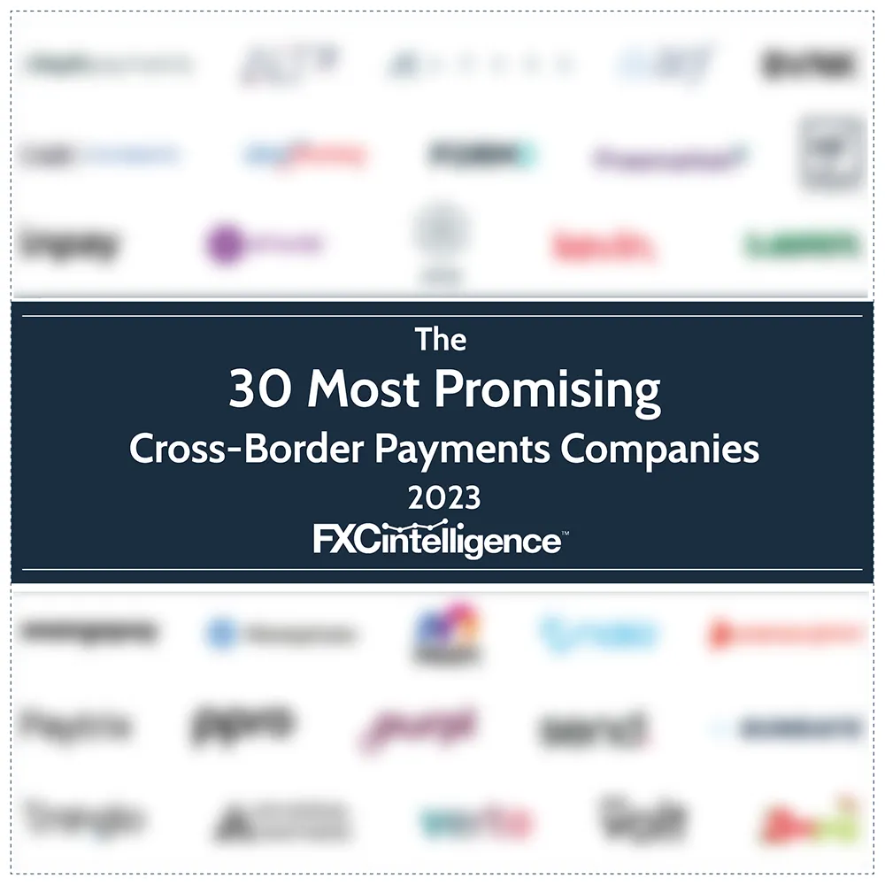 The 30 Most Promising Cross-Border Payments Companies 2023 
Blurred market map of FXC Intelligence's 30 Most Promising Cross-Border Payments Companies 2023