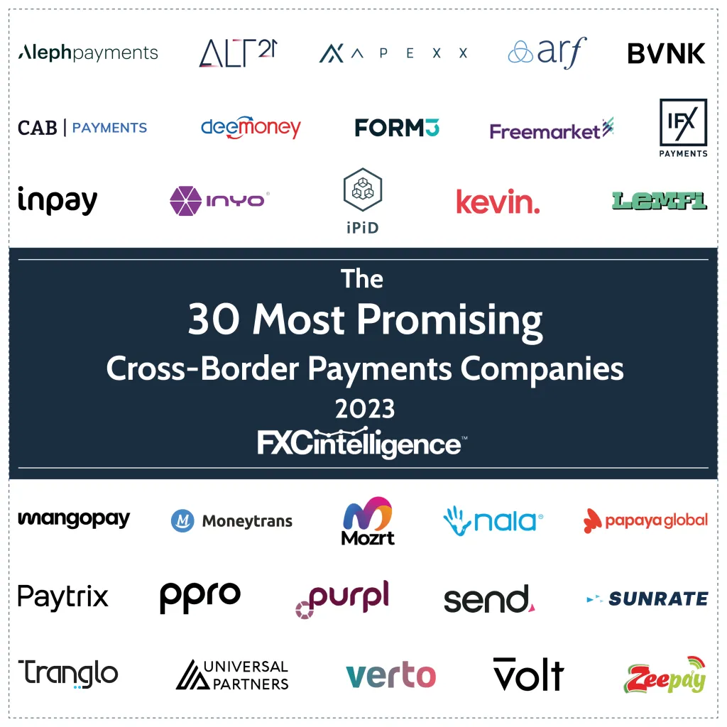 The 30 Most Promising Cross-Border Payments Companies 2023 
Market map of FXC Intelligence's 30 Most Promising Cross-Border Payments Companies 2023