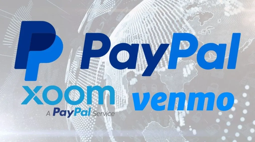 The logos of PayPal, Xoom and Venmo on an abstract background showing a digital globe.