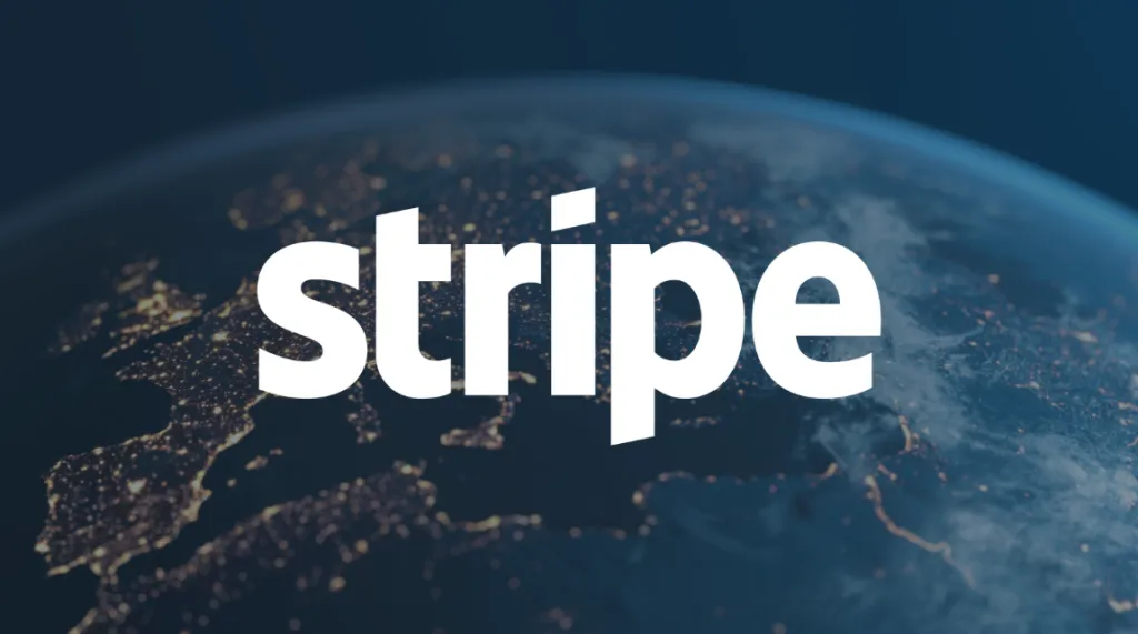 Stripe's logo over a picture of the world focused on Europe and the Middle East. FY 2023 earnings for its EMEA and APAC business included $1.2bn in pre-tax losses