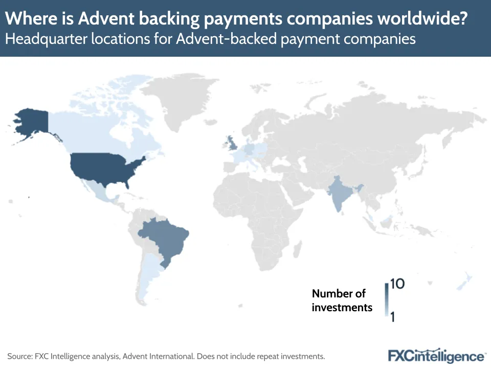 Where is Advent backing payments companies worldwide?
Headquarter locations for Advent-backed payment companies