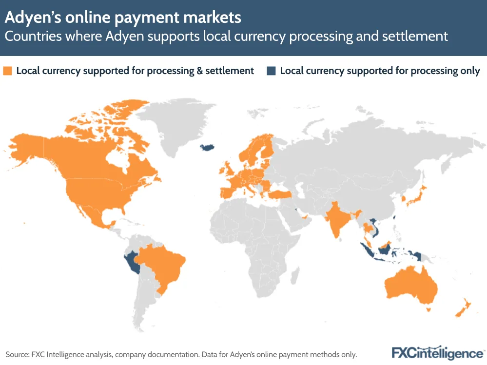 A graphic showing countries where Adyen supports local currency processing and settlement