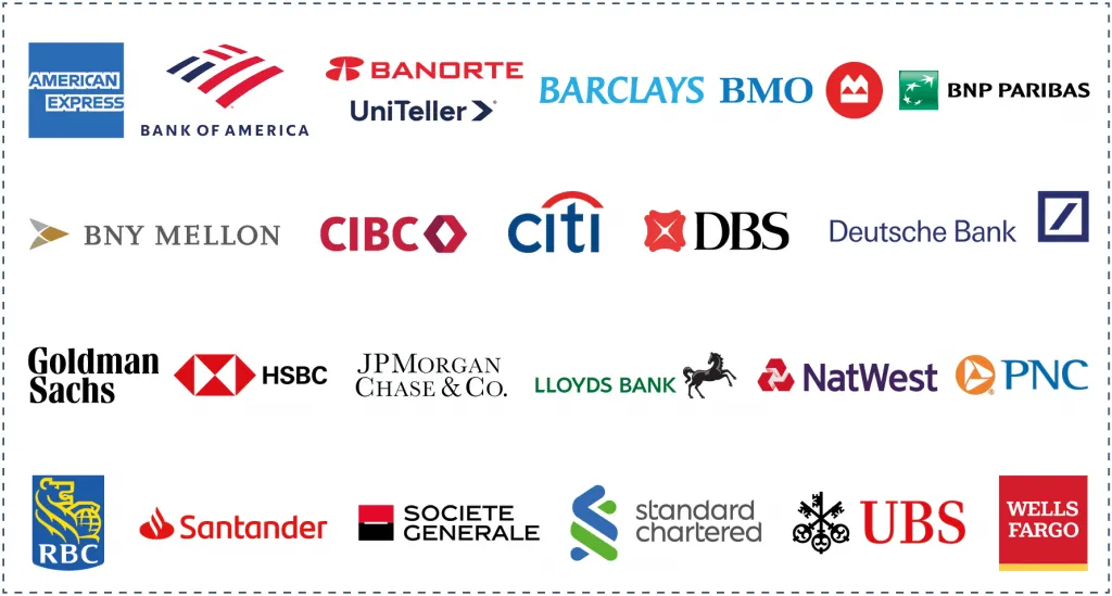 Banks in Top 100 cross-border payment companies: American Express, Bank of America, Banorte (including UniTeller), Barcalys, BMO, BNP Paribas, BNY Mellon, CIBC, Citi, DBS, Deutsche Bank, Goldman Sachs, HSBC, J.P. Morgan Chase, Lloyds Bank, NatWest, PNC, RBC, Santander, Societe Generale, Standard Chartered, UBS and Wells Fargo.