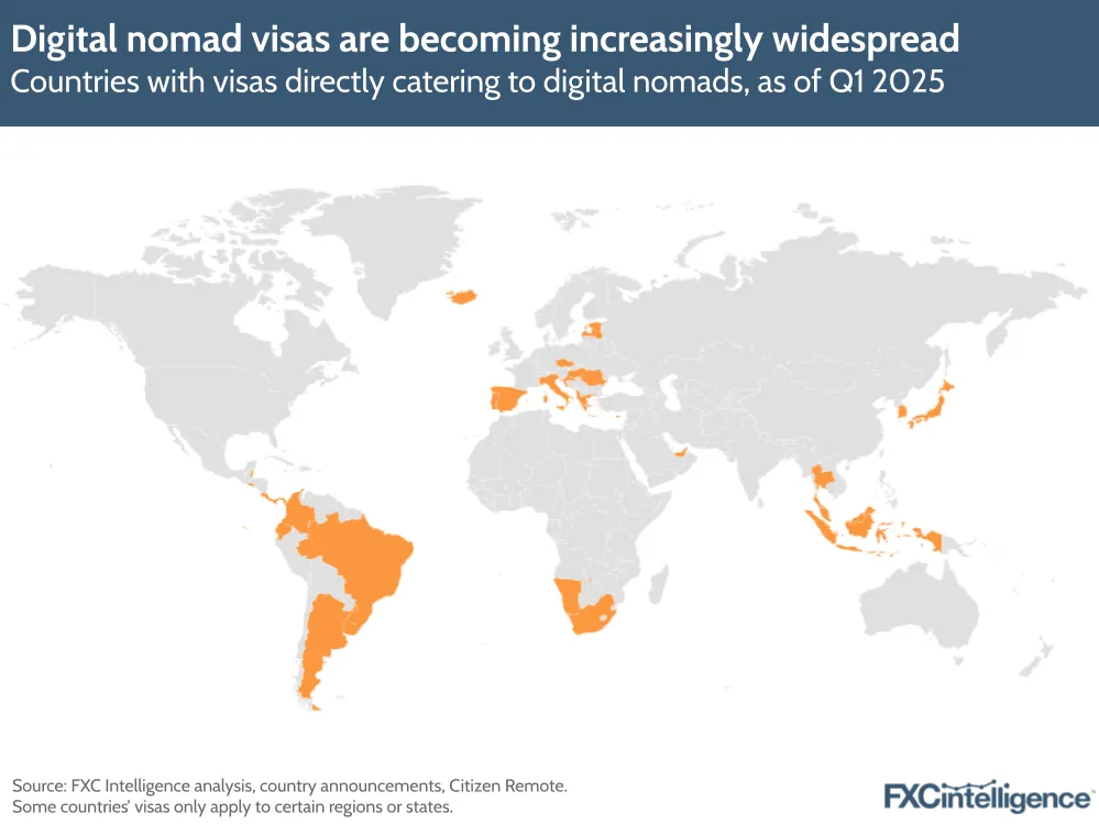 A map graphic showing the countries with visas directly catering to digital nomads, as of Q1 2025