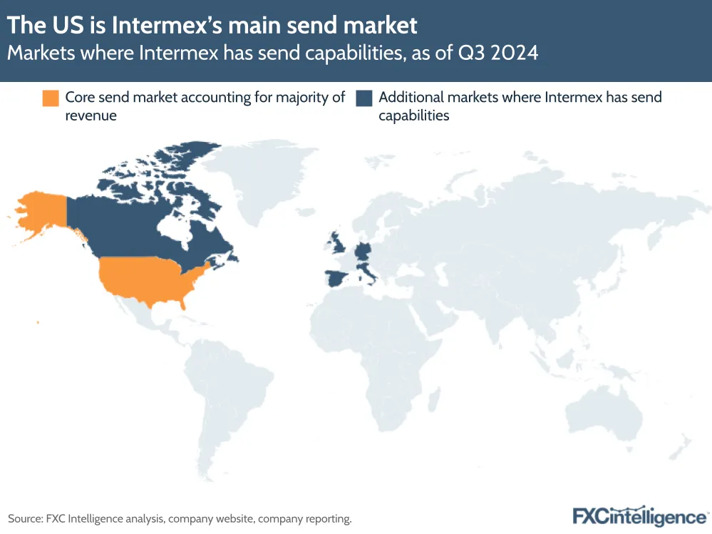 A graphic showing markets where Intermex has send capabilities, as of Q3 2024