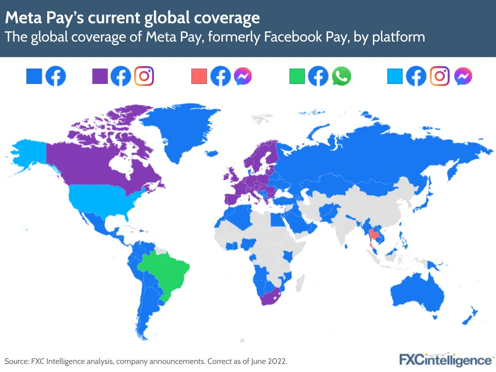 Meta Pay's global coverage by platform, including Facebook, Instagram, Messenger and WhatsApp. Metaverse support is not yet available