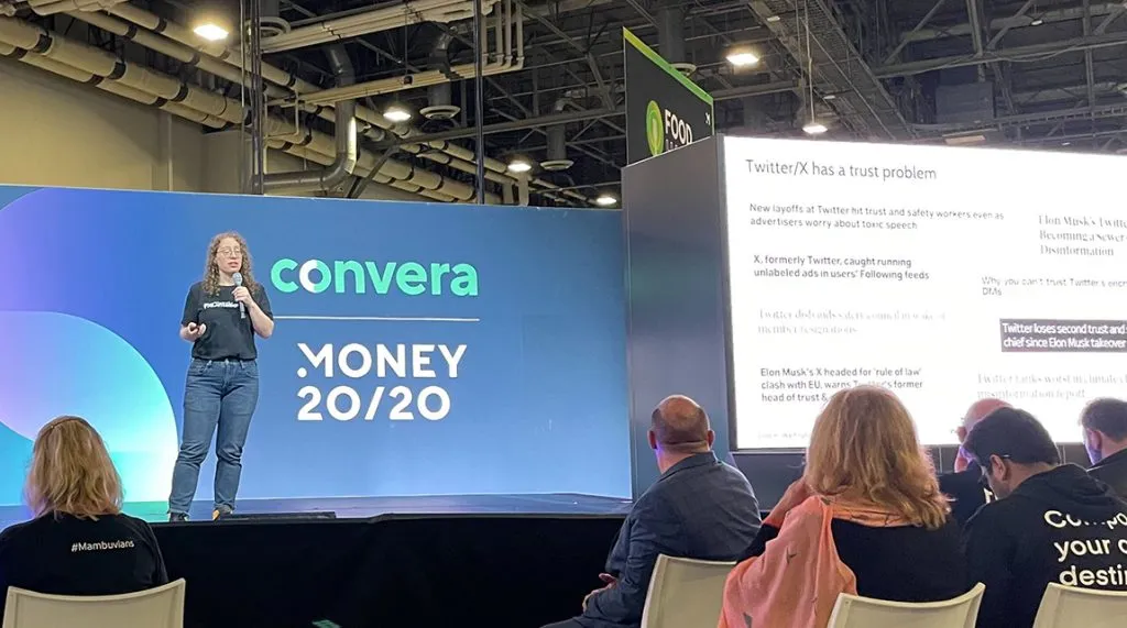 Lucy Ingham, FXC Intelligence Head of Content and Editor-in-Chief, presenting on X's payment plans and trust issues at Money20/20 USA