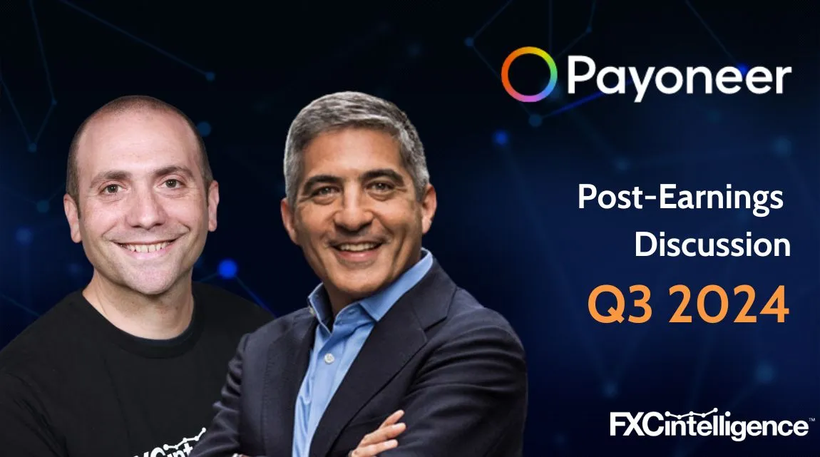 An image of Payoneer CEO John Caplan with FXC Intelligence CEO Daniel Webber, alongside Payoneer and FXC Intelligence's logos, with the text 'Post-Earnings Discussion Q3 2024'