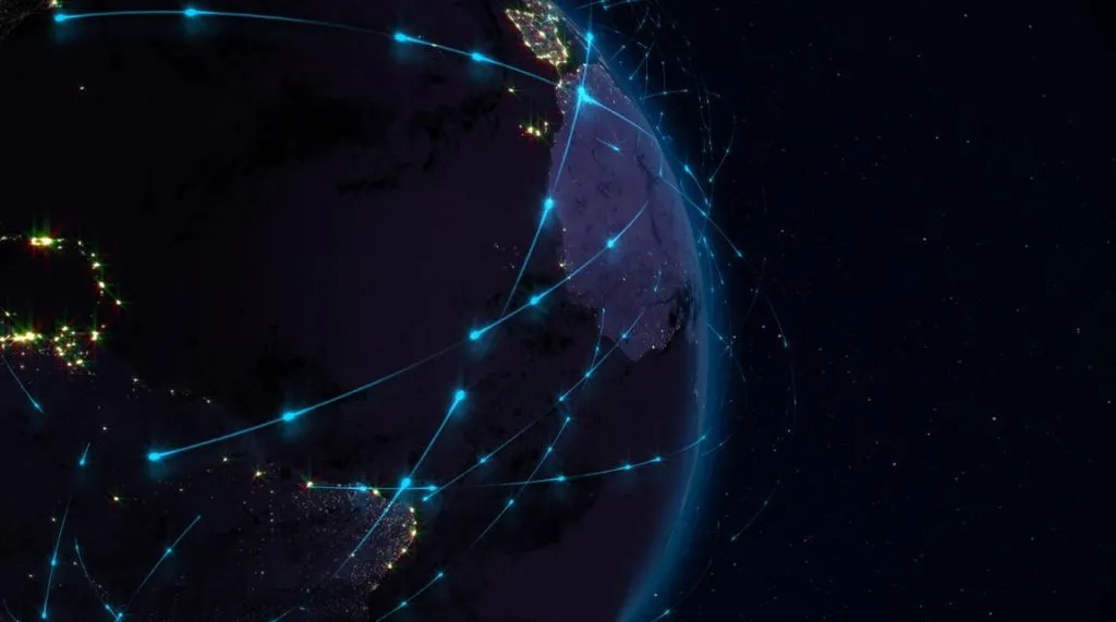 A visualisation of the world from space, being intersected by various blue lines of communication